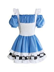 ROMWE Anime Halloween Cosplay Alice Off-Shoulder Spaghetti Strap Colorblock Plaid Women's Mini Dress - Multicolor - View 4
