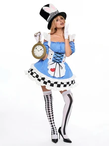ROMWE Anime Halloween Cosplay Alice Off-Shoulder Spaghetti Strap Colorblock Plaid Women's Mini Dress - Multicolor - View 5