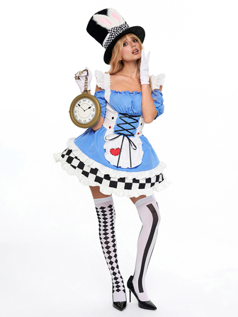 Anime Halloween Cosplay Alice Off-Shoulder Spaghetti Strap Colorblock Plaid Women's Mini Dress