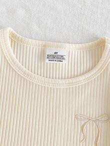 SHEIN 2件組秋冬杏色紋理羅紋女童居家服，可愛精緻蝴蝶結刺繡休閒簡約高彈力貼身長袖褲裝套裝 - 杏色 - 查看 4