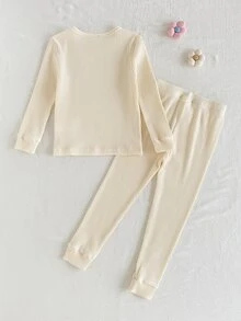SHEIN 2件組秋冬杏色紋理羅紋女童居家服，可愛精緻蝴蝶結刺繡休閒簡約高彈力貼身長袖褲裝套裝 - 杏色 - 查看 2