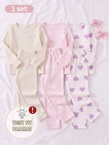 SHEIN 2件組秋冬杏色紋理羅紋女童居家服，可愛精緻蝴蝶結刺繡休閒簡約高彈力貼身長袖褲裝套裝 - 杏色 - 查看 7