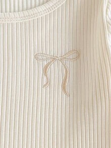 SHEIN 2件組秋冬杏色紋理羅紋女童居家服，可愛精緻蝴蝶結刺繡休閒簡約高彈力貼身長袖褲裝套裝 - 杏色 - 查看 5