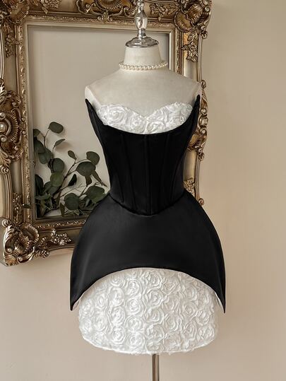 Lovelzi Elegant & Glamorous Black & White Contrast Strapless Dress With 3D Floral Decor, Bridesmaid Gift Party Dress