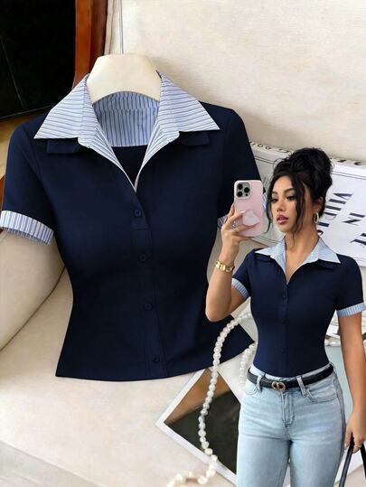 SHEIN Elenzya Navy Blue And White Shirt Collar Patchwork Knit Button Placket Short Sleeve Cuff T-Shirt Teachers' Day Office School Summer French Smart Casual Preppy
