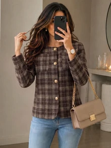 Yalmera Pakaian Musim Gugur UNTUK Wanita, Busana Musim Dingin Wanita, Mantel Kotak-kotak - Coffee Brown - View 7