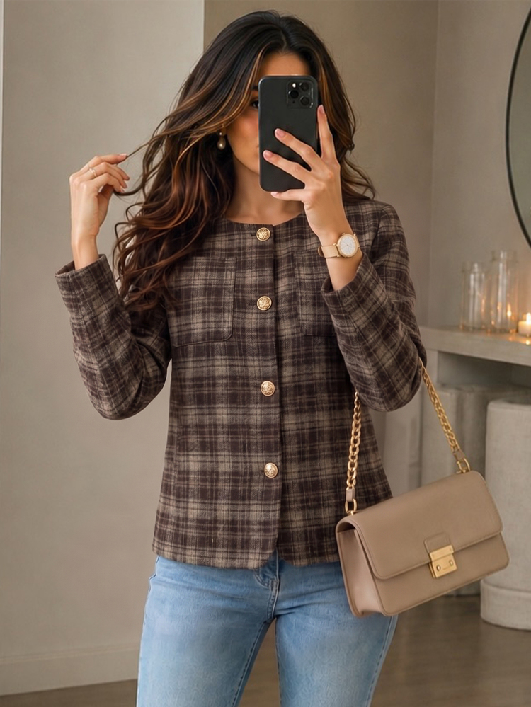 Yalmera Fall Clothes FOR WomenWomen's Winter Fashion Plaid Overcoat - Coffee Brown - View 7