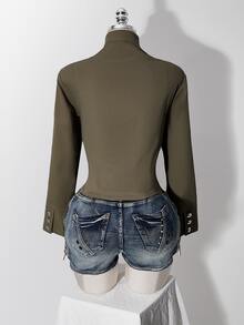 SHEIN ICON Y2k Women's Napoleon Going Out Olive Green Solid Color Long Sleeve Zip-Up Napoleon Regular Jacket - Army Green - View 2