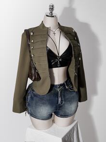 SHEIN ICON Y2k Women's Napoleon Going Out Olive Green Solid Color Long Sleeve Zip-Up Napoleon Regular Jacket - Army Green - View 10