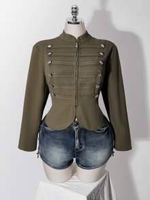 SHEIN ICON Y2k Women's Napoleon Going Out Olive Green Solid Color Long Sleeve Zip-Up Napoleon Regular Jacket - Army Green - View 12