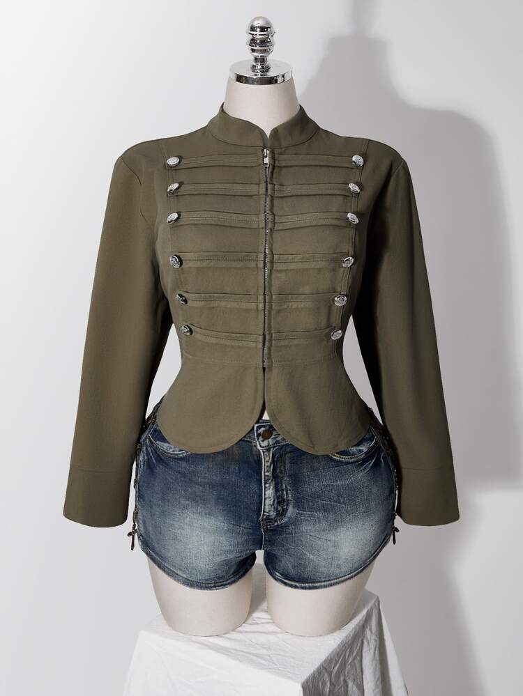 SHEIN ICON 女款純色長袖拉鍊拿破崙式休閒夾克 - 軍綠色 - 查看 12