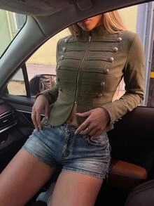 SHEIN ICON Y2k Women's Napoleon Going Out Olive Green Solid Color Long Sleeve Zip-Up Napoleon Regular Jacket - Army Green - View 1