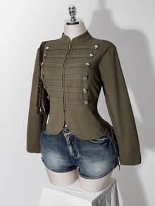SHEIN ICON Y2k Women's Napoleon Going Out Olive Green Solid Color Long Sleeve Zip-Up Napoleon Regular Jacket - Army Green - View 13