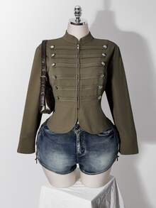 SHEIN ICON Y2k Women's Napoleon Going Out Olive Green Solid Color Long Sleeve Zip-Up Napoleon Regular Jacket - Army Green - View 4