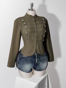 SHEIN ICON Y2k Women's Napoleon Going Out Olive Green Solid Color Long Sleeve Zip-Up Napoleon Regular Jacket - Army Green - View 7