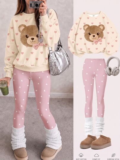 Color avena cálido, patrón dulce de lazo y oso, conjunto de 2 piezas de sudadera holgada de cuello redondo suave y cómoda para mujer adolescente y leggings casuales cepillados, adecuado para otoño/invierno, uso diario, campus, vuelta al colegio, estilo dulce femenino, estilo callejero americano, chica dulce relajada, dulce femenino relajado