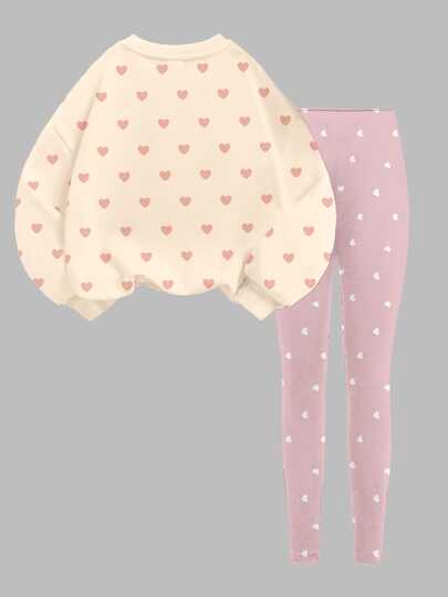 Warm Oatmeal Color, Sweet Girly Bow & Bear Pattern, Women's Teen Casual Soft Comfortable Loose Crew Neck Pullover Sweatshirt & Casual Brushed Leggings 2 Pieces Set, Suitable For Autumn/Winter Daily, Campus, Back To School, Sweet Girly, American Street Style, Sweet Girl Lazy, Relaxed Sweet Girly