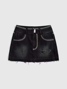 ROMWE Women's Y2K Party Hot Girl Sequin Black Denim Skirt - Black - View 1