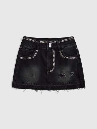 Damen Y2K Party Hot Girl Pailletten Schwarzer Denim Rock