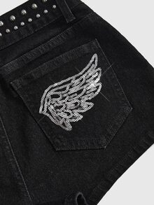 ROMWE Women's Black Denim Shorts Y2K Sequin Wing Party Outfit Hot Girl - Black - View 4
