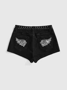 ROMWE Women's Black Denim Shorts Y2K Sequin Wing Party Outfit Hot Girl - Black - View 2