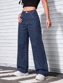 SHEIN PETITE 女款休閒條紋直筒牛仔褲 - 深色水洗藍 - 查看 3