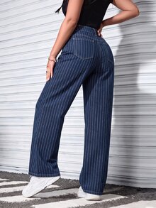SHEIN PETITE 女款休閒條紋直筒牛仔褲 - 深色水洗藍 - 查看 2