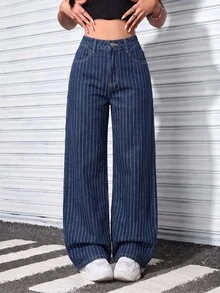 SHEIN PETITE 女款休閒條紋直筒牛仔褲 - 深色水洗藍 - 查看 6