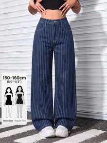 SHEIN PETITE 女款休閒條紋直筒牛仔褲 - 深色水洗藍 - 查看 1