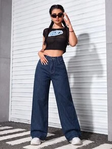 SHEIN PETITE 女款休閒條紋直筒牛仔褲 - 深色水洗藍 - 查看 5