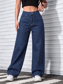 SHEIN PETITE 女款休閒條紋直筒牛仔褲 - 深色水洗藍 - 查看 4