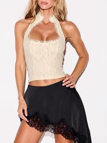 KIZN Lace Halter Crop Top With Cutout Neckline And Lace Trim Scallop Edge Backless Corset Style Festival Summer Party Top - Cream - View 5