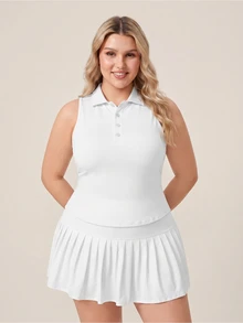 SHEIN Unity Plus Solid Polo Neck Sports Tank Top - White - View 3