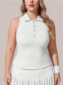 SHEIN Unity Plus Solid Polo Neck Sports Tank Top - White - View 6