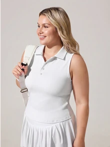 SHEIN Unity Plus Solid Polo Neck Sports Tank Top - White - View 4