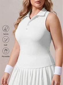 SHEIN Unity Plus Solid Polo Neck Sports Tank Top - White - View 5