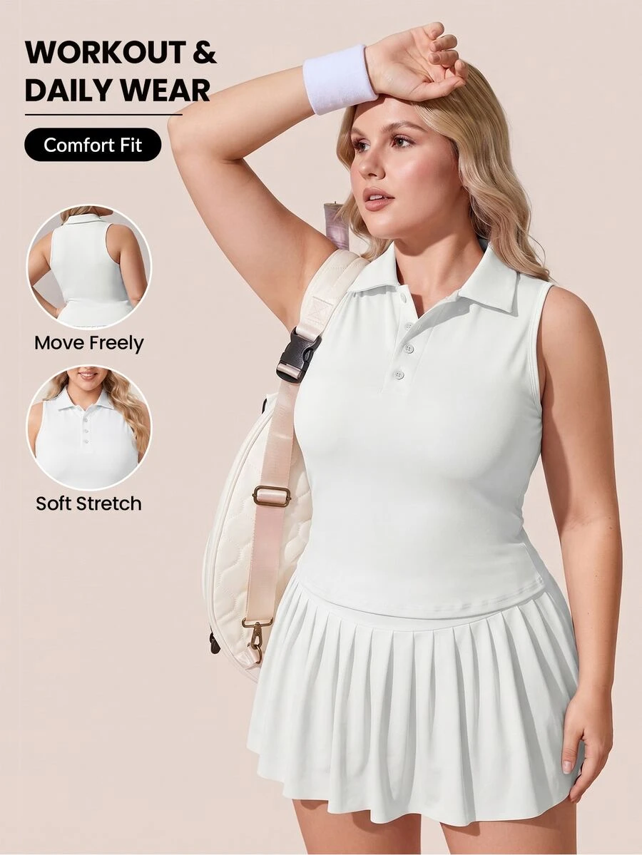 SHEIN Unity Plus Solid Polo Neck Sports Tank Top - White - View 1