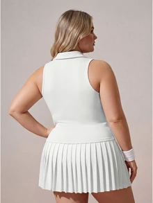 SHEIN Unity Plus Solid Polo Neck Sports Tank Top - White - View 2