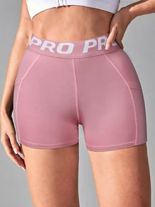 SHEIN Rhythm Era Casual Versatile Plus Size High Elasticity Letter Webbing Side Pockets Slimming Sports Shorts - Pink - View 3
