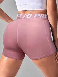 SHEIN Rhythm Era Casual Versatile Plus Size High Elasticity Letter Webbing Side Pockets Slimming Sports Shorts - Pink - View 2