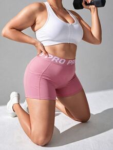SHEIN Rhythm Era Casual Versatile Plus Size High Elasticity Letter Webbing Side Pockets Slimming Sports Shorts - Pink - View 5