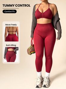 Rhythm Era Set Olahraga Seksi Rajut Tanpa Jahitan untuk Wanita - Burgundy - View 1