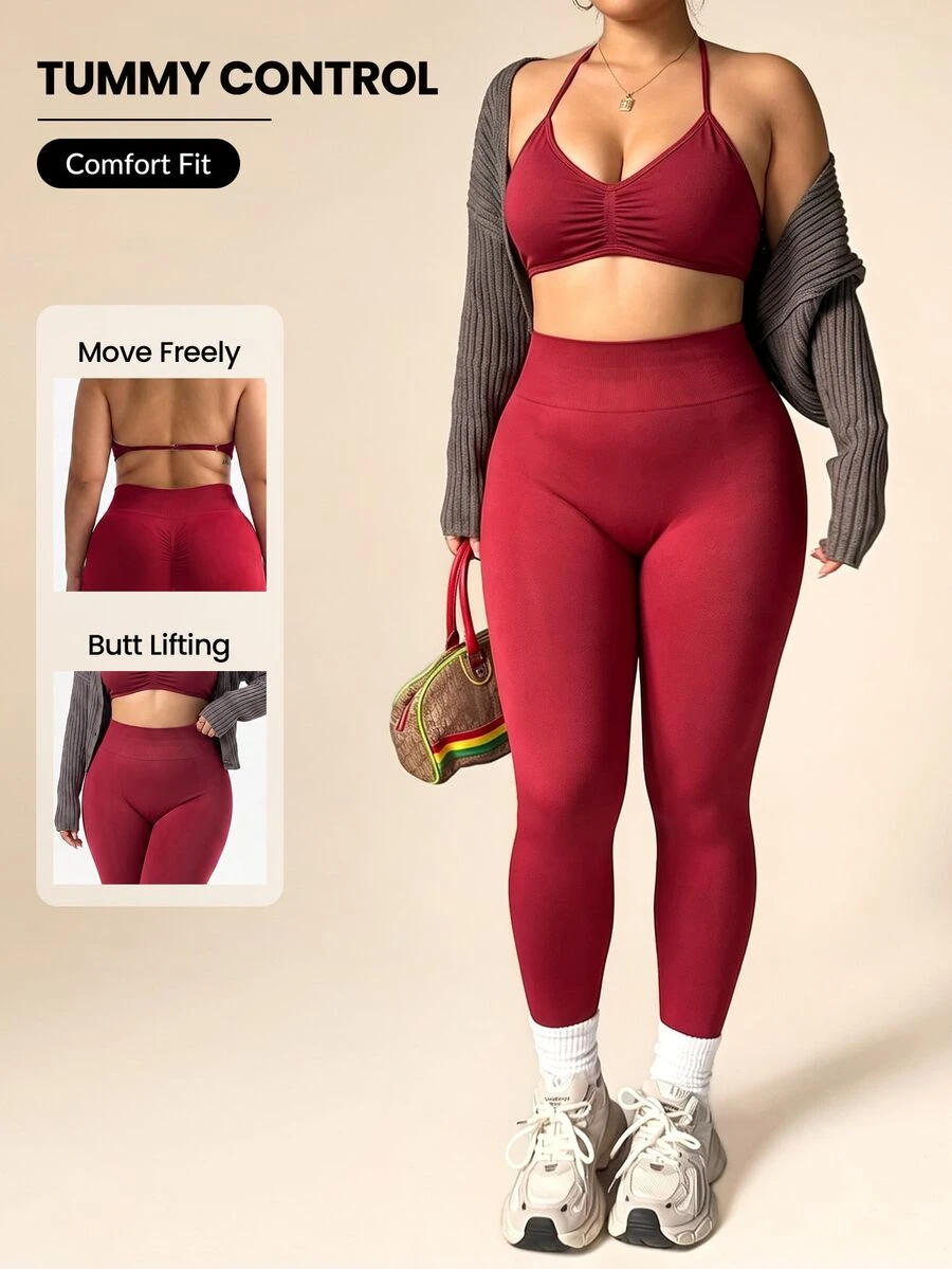 Rhythm Era Set Olahraga Seksi Rajut Tanpa Jahitan untuk Wanita - Burgundy - View 1
