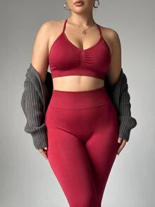 Rhythm Era Set Olahraga Seksi Rajut Tanpa Jahitan untuk Wanita - Burgundy - View 5