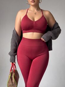 Rhythm Era Set Olahraga Seksi Rajut Tanpa Jahitan untuk Wanita - Burgundy - View 3