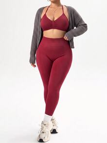 Rhythm Era Set Olahraga Seksi Rajut Tanpa Jahitan untuk Wanita - Burgundy - View 4
