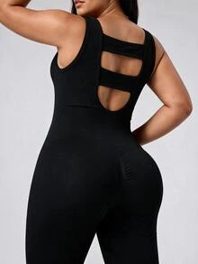 SHEIN Rhythm Era Women's Plus Size Sports Flare Leg Jumpsuit - Black - View 4