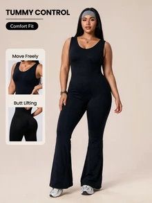 SHEIN Rhythm Era Women's Plus Size Sports Flare Leg Jumpsuit - Black - View 1