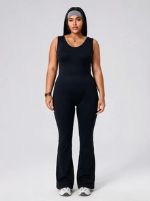 SHEIN Rhythm Era Women's Plus Size Sports Flare Leg Jumpsuit - Black - View 5