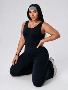 SHEIN Rhythm Era Women's Plus Size Sports Flare Leg Jumpsuit - Black - View 3